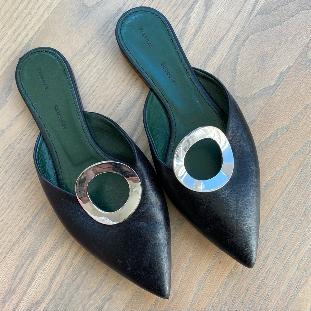 Proenza Schouler Black Leather Mules with Silver Buckle